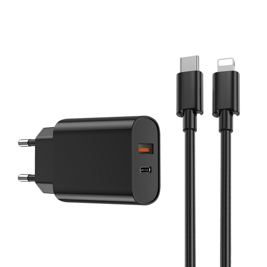 WiWu Wi-U002 hálózati töltő Lightning kábellel, 20W, 3A, 1 x USB-A - 1 x USB-C, Fekete