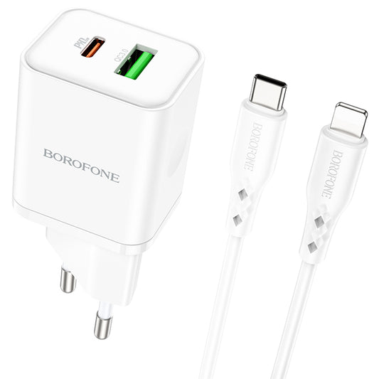 Hálózati töltő Lightning kábellel Borofone BN7, 20W, 3A, 1 x USB-A - 1 x USB-C, Fehér