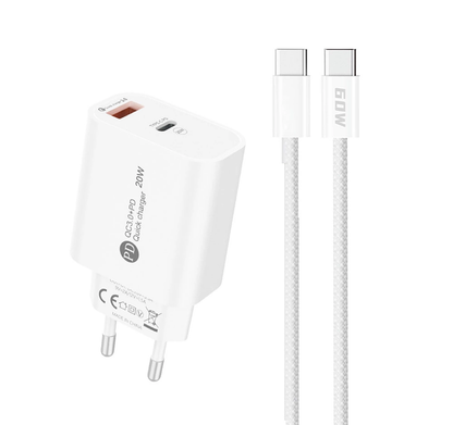 Hálózati töltő USB-C kábellel A6MaxL, 20W, 3A, 1 x USB-A - 1 x USB-C, Fehér