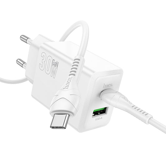 Hálózati töltő USB-C kábellel HOCO N71, 30W, 3A, 1 x USB-A - 1 x USB-C, Fehér