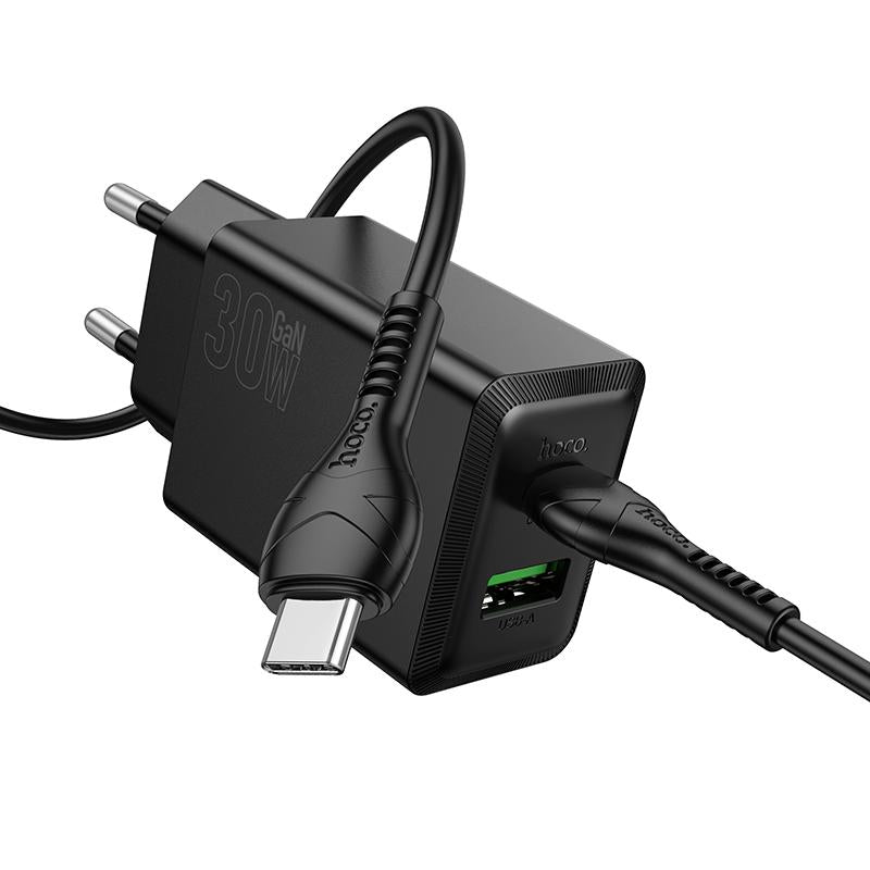Hálózati töltő USB-C kábellel HOCO N71, 30W, 3A, 1 x USB-A - 1 x USB-C, Fekete