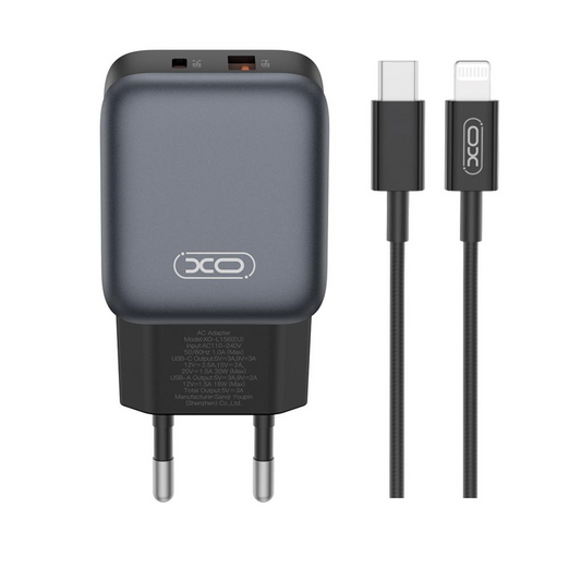 Hálózati töltő Lightning kábellel XO Design L156, 30W, 3A, 1 x USB-A - 1 x USB-C, Fekete