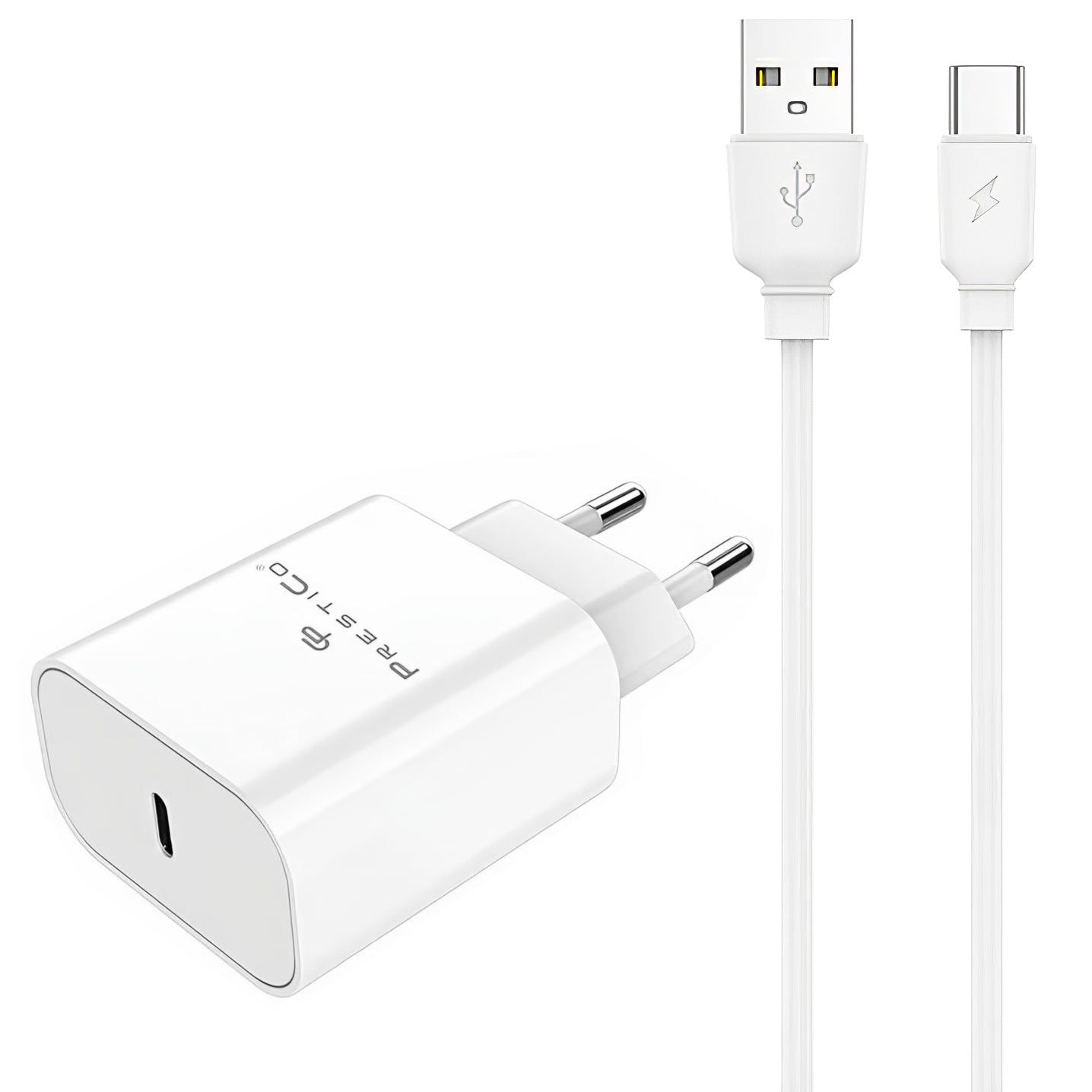 Hálózati töltő USB-C kábellel Prestico F15S-C, 30W, 3A, 1 x USB-C, Fehér