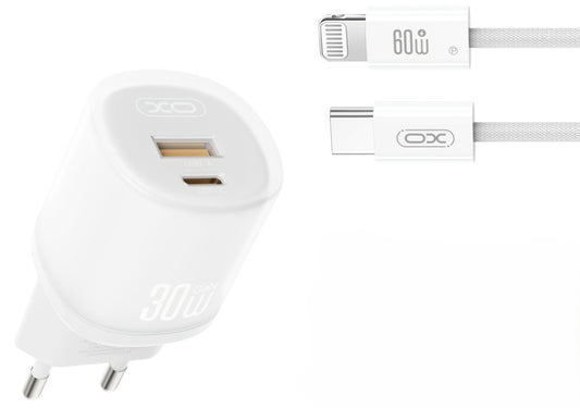 Hálózati töltő Lightning kábellel XO Design L151, 30W, 3A, 1 x USB-A - 1 x USB-C, Fehér