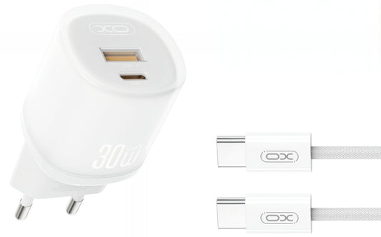 Hálózati töltő USB-C kábellel XO Design L151, 30W, 3A, 1 x USB-A - 1 x USB-C, Fehér