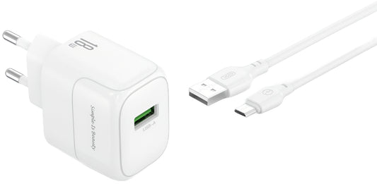 Hálózati töltő microUSB kábellel XO Design L135, 18W, 3A, 1 x USB-A, Fehér