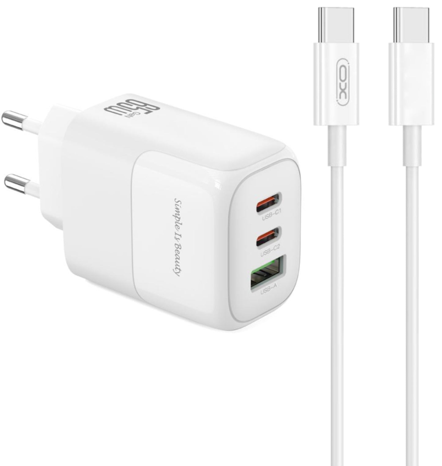 Hálózati töltő USB-C kábellel XO Design L139, 65W, 4.5A, 1 x USB-A - 2 x USB-C, Fehér