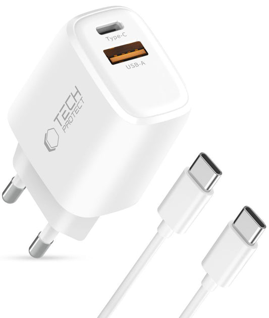 Hálózati töltő USB-C kábellel Tech-Protect NCA45W, 45W, 3A, 1 x USB-A - 1 x USB-C, Fehér