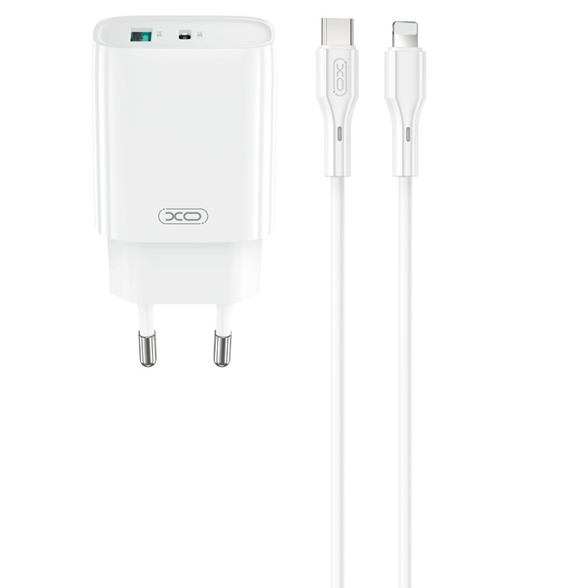 Hálózati töltő Lightning kábellel XO Design CE30, 30W, 3A, 1 x USB-A - 1 x USB-C, Fehér