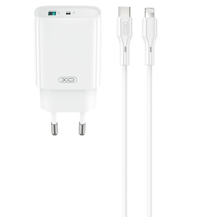 Hálózati töltő Lightning kábellel XO Design CE30, 30W, 3A, 1 x USB-A - 1 x USB-C, Fehér