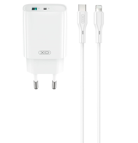 Hálózati töltő Lightning kábellel XO Design CE30, 30W, 3A, 1 x USB-A - 1 x USB-C, Fehér