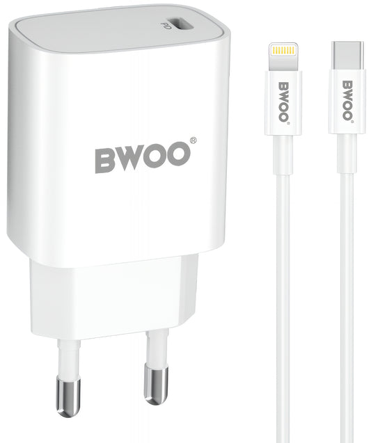 Hálózati töltő Lightning kábellel BWOO CDA159, 20W, 3A, 1 x USB-C, Fehér