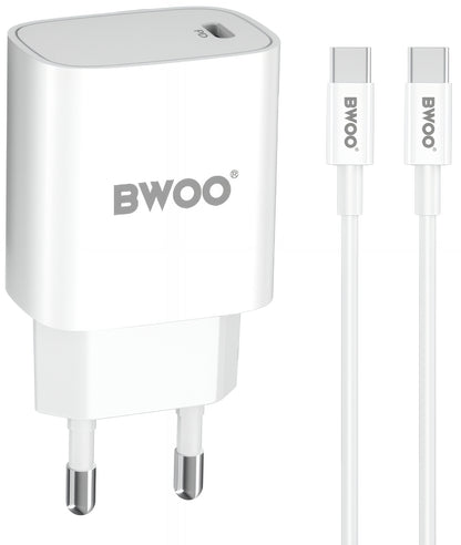 Hálózati töltő USB-C kábellel BWOO CDA159, 20W, 3A, 1 x USB-C, Fehér