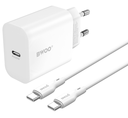 Hálózati töltő USB-C kábellel BWOO CDA233, 20W, 3A, 1 x USB-C, Fehér