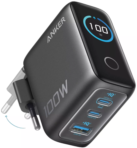 Hálózati töltő USB-C kábellel Anker Smart Display, 100W, 5A, 1 x USB-A - 2 x USB-C, Szürke B121BGZ1