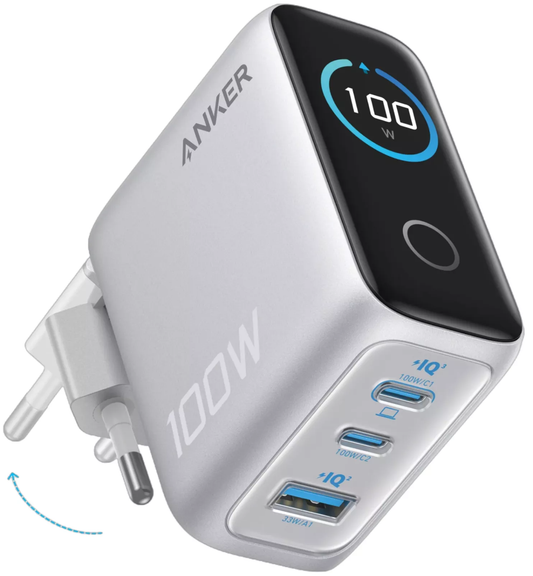 Anker Smart Display USB-C hálózati töltő kábellel, 100W, 5A, 1 x USB-A - 2 x USB-C, ezüst B121BG41