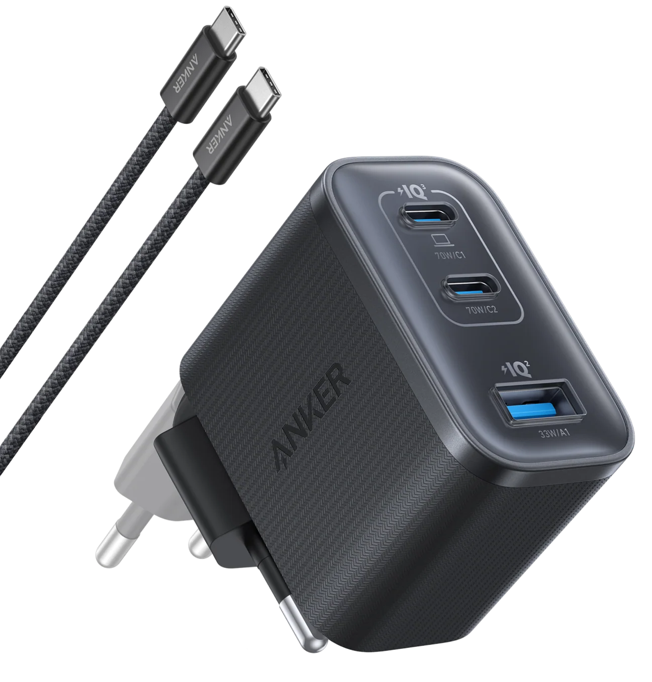 Anker Nano USB-C hálózati töltő kábellel, 70W, 3.5A, 1 x USB-A - 2 x USB-C, Szürke B121A311