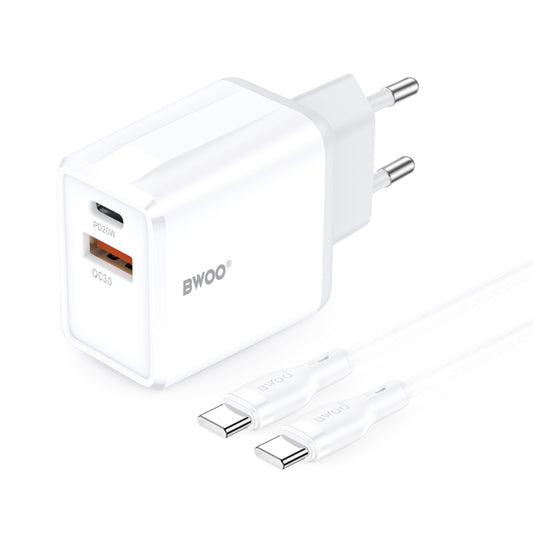 Hálózati töltő USB-C kábellel BWOO CDA182, 38W, 3A, 1 x USB-A - 1 x USB-C, Fehér
