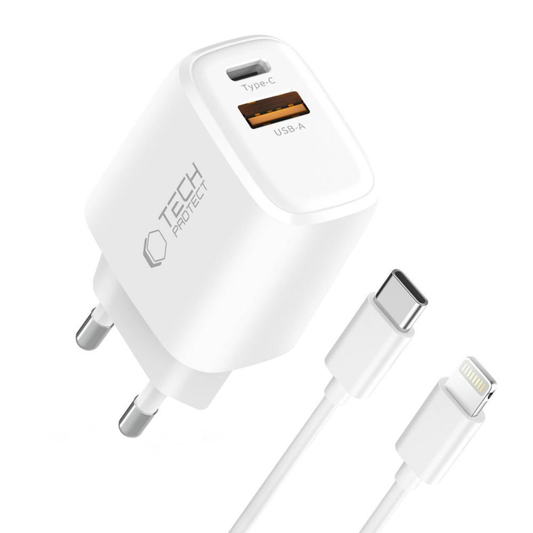 Tech-Protect NCA20 Lightning kábeles hálózati töltő, 20W, 3A, 1 x USB-A - 1 x USB-C, Fehér