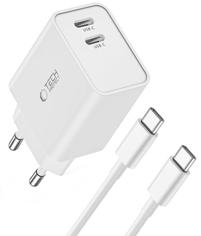 Tech-Protect C35W USB-C Kábeles Hálózati Töltő, 35W, 3A, 2 x USB-C, Fehér