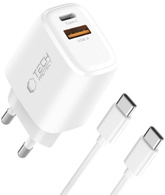 Tech-Protect NCA20 USB-C kábeles hálózati töltő, 20W, 3A, 1 x USB-A - 1 x USB-C, Fehér