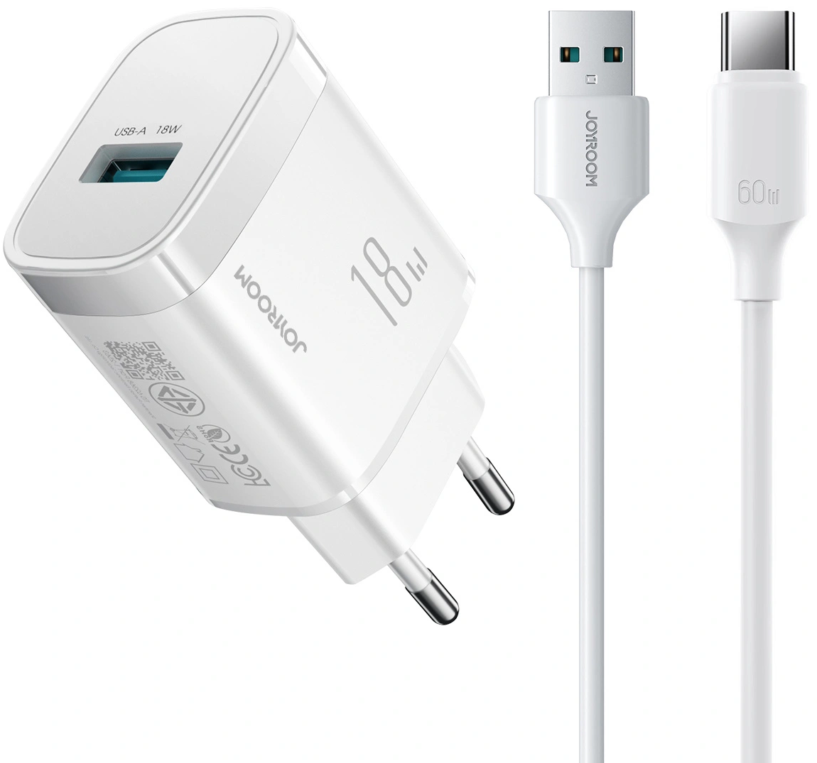 Joyroom JR-TF4 USB-C kábeles hálózati töltő, 18W, 3A, 1 x USB-A, Fehér