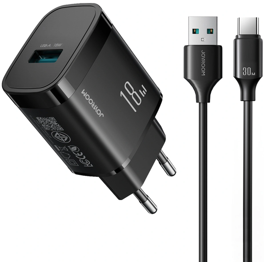 Joyroom JR-TF4 USB-C kábeles hálózati töltő, 18W, 3A, 1 x USB-A, Fekete