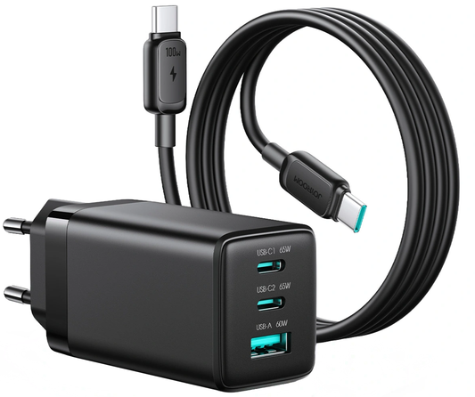 Joyroom JR-TG10 USB-C Kábellel ellátott Hálózati Töltő, 65W, 3,25A, 1 x USB-A - 2 x USB-C, Fekete