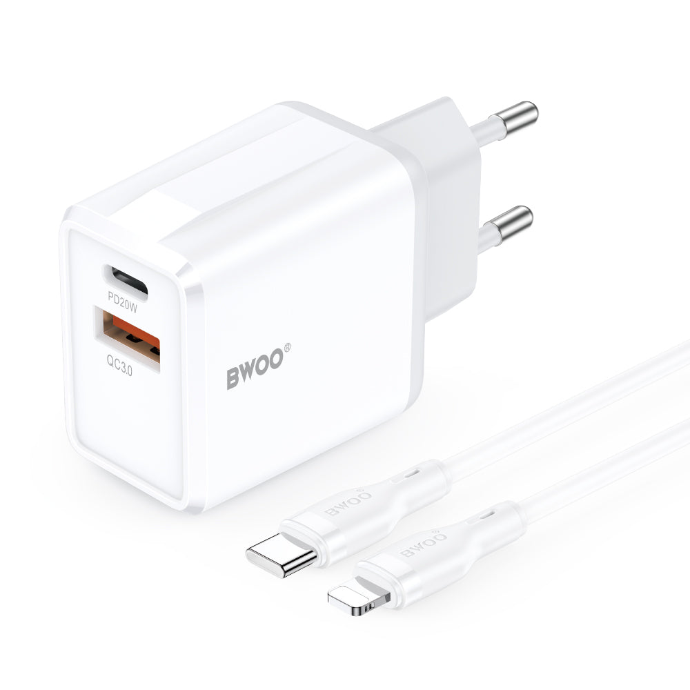 BWOO CDA182 Lightning kábeles hálózati töltő, 38W, 3A, 1 x USB-A - 1 x USB-C, Fehér