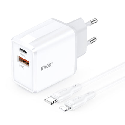 BWOO CDA182 Lightning kábeles hálózati töltő, 38W, 3A, 1 x USB-A - 1 x USB-C, Fehér