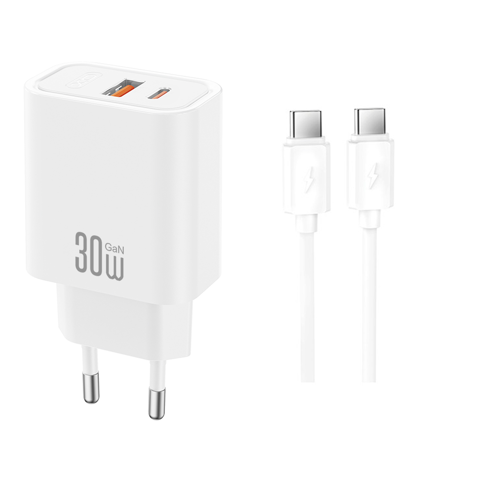 Hálózati töltő USB-C kábellel XO Design CE42, 30W, 3A, 1 x USB-A - 1 x USB-C, Fehér