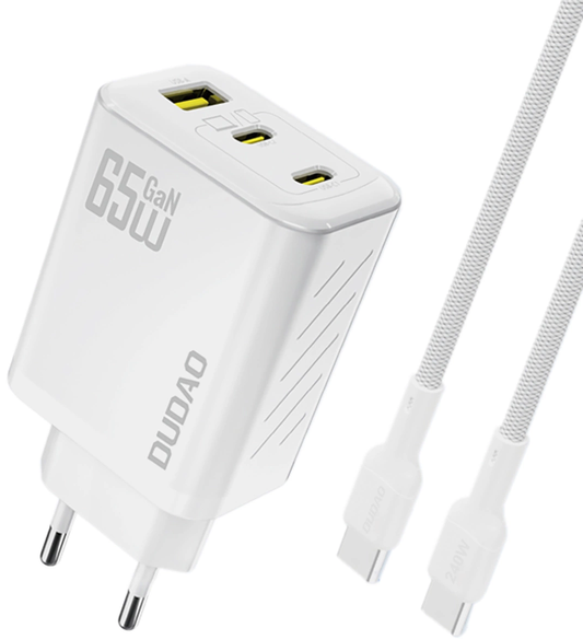 Dudao A29C USB-C Kábeles Hálózati Töltő, 65W, 3,25A, 1 x USB-A - 2 x USB-C, Fehér