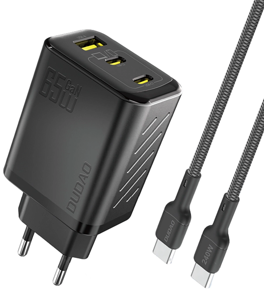 Dudao A29C USB-C kábeles hálózati töltő, 65W, 3,25A, 1 x USB-A - 2 x USB-C, Fekete