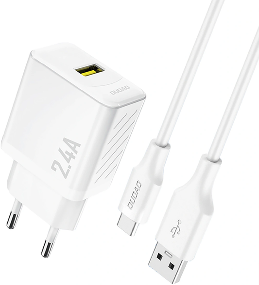 Dudao A23TEU USB-C kábeles hálózati töltő, 12W, 2.4A, 1 x USB-A, Fehér