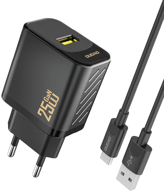 Dudao A27STEU USB-C Kábeles Hálózati Töltő, 25W, 3A, 1 x USB-A, Fekete