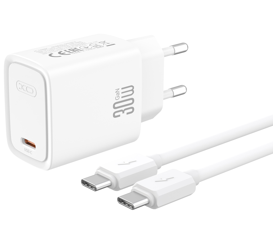 XO Design CE53 hálózati töltő USB-C kábellel, 30 W, 3 A, 1 × USB-C, fehér