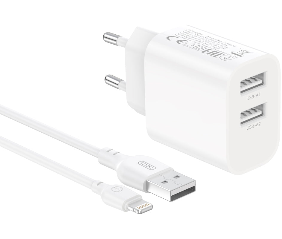 XO Design CE55 hálózati töltő Lightning-kábellel, 12 W, 2,4 A, 2 × USB-A, fehér