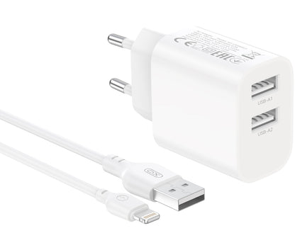 XO Design CE55 hálózati töltő Lightning-kábellel, 12 W, 2,4 A, 2 × USB-A, fehér