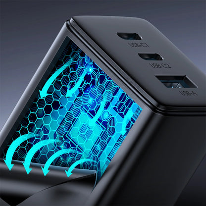 Hálózati töltő USB-C kábellel Joyroom TCG01, 65W, 3.25A, 1 x USB-A - 2 x USB-C, Fekete
