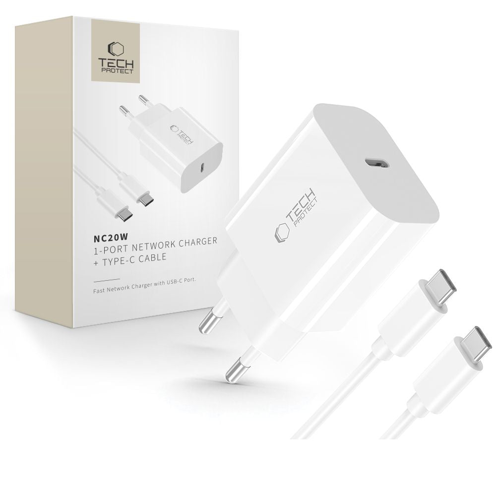 Incarcator Retea Cu Cablu USB-C Tech-Protect NC20W, 20W, 3A, 1 x USB-C, Alb