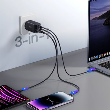 Hálózati töltő USB-C kábellel Joyroom TCG01, 65W, 3.25A, 1 x USB-A - 2 x USB-C, Fekete