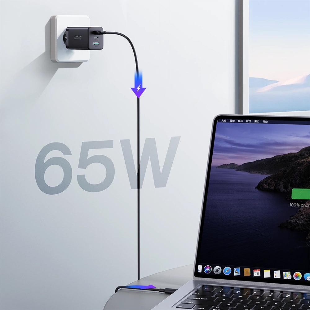 Hálózati töltő USB-C kábellel Joyroom TCG01, 65W, 3.25A, 1 x USB-A - 2 x USB-C, Fekete