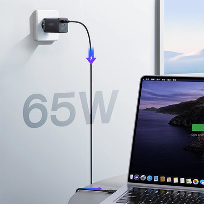 Hálózati töltő USB-C kábellel Joyroom TCG01, 65W, 3.25A, 1 x USB-A - 2 x USB-C, Fekete