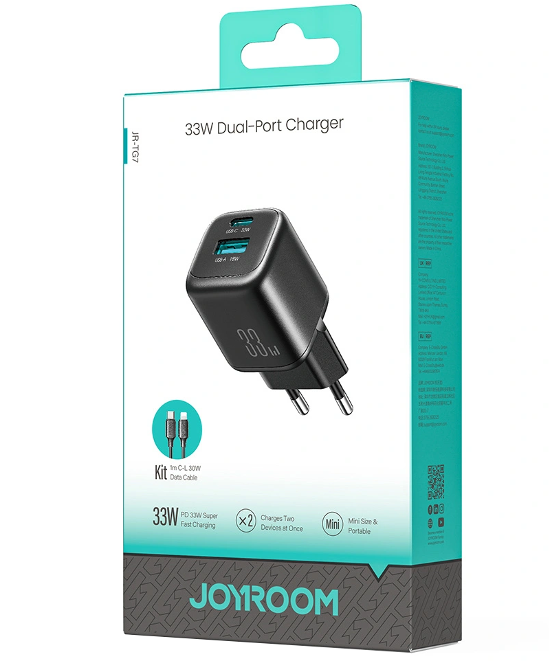 Hálózati töltő Lightning kábellel Joyroom JR-TG7, 33W, 3A, 1 x USB-A - 1 x USB-C, Fekete