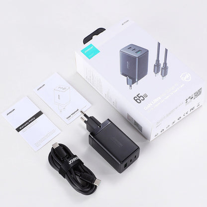 Hálózati töltő USB-C kábellel Joyroom TCG01, 65W, 3.25A, 1 x USB-A - 2 x USB-C, Fekete