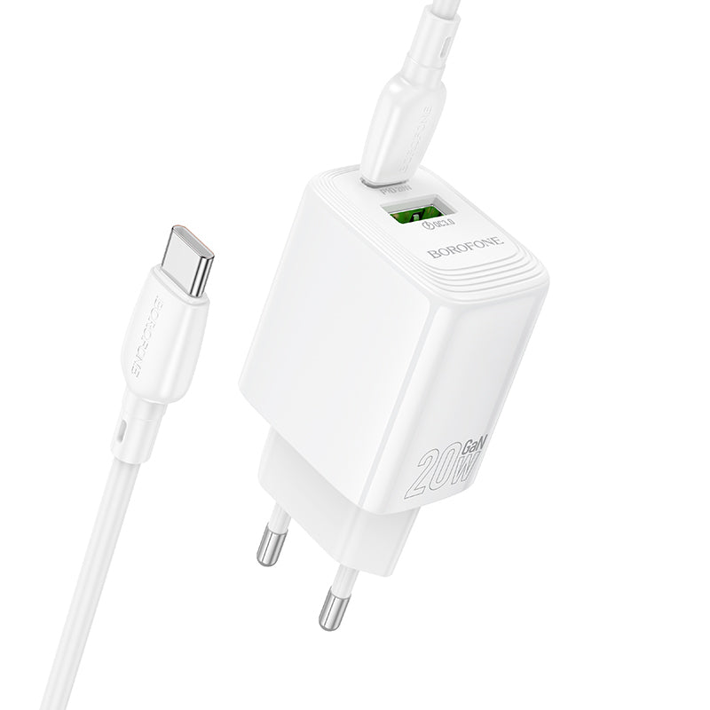Hálózati töltő USB-C kábellel Borofone BN27 Fuente, 20W, 3A, 1 x USB-A - 1 x USB-C, Fehér