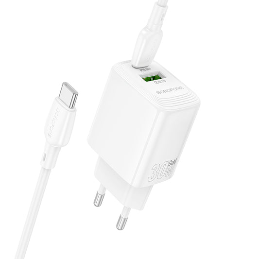 Hálózati töltő USB-C kábellel Borofone BN29 Fuente, 30W, 3A, 1 x USB-A - 1 x USB-C, Fehér