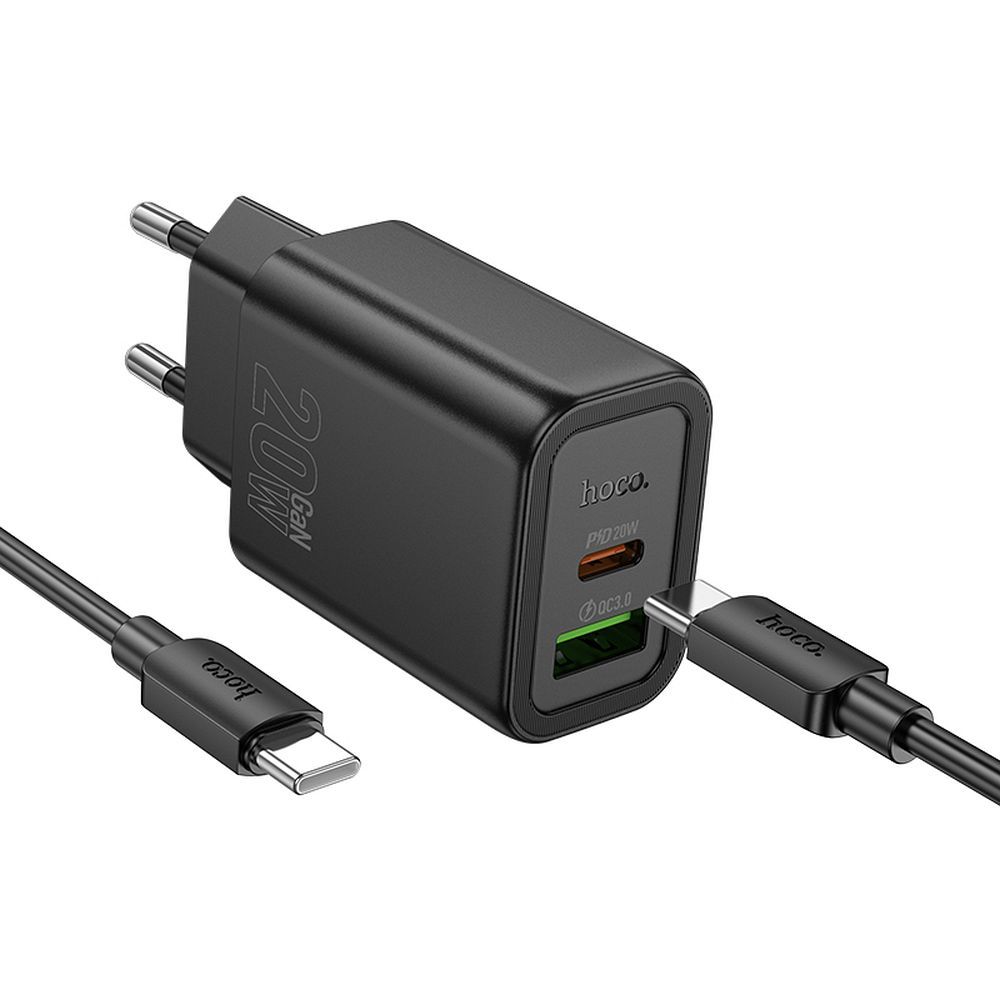 Hálózati töltő Lightning kábellel HOCO N61, 20W, 3A, 1 x USB-A - 1 x USB-C, Fekete