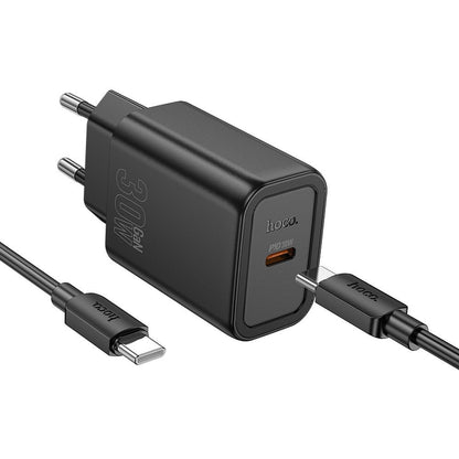 Hálózati töltő USB-C kábellel HOCO N62, 30W, 3A, 1 x USB-C, Fekete