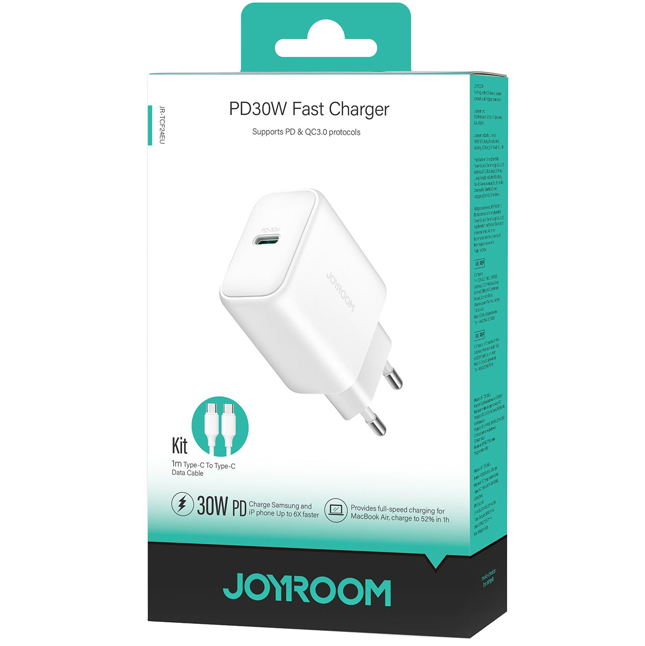 Hálózati töltő USB-C kábellel Joyroom JR-TCF24, 30W, 3A, 1 x USB-C, Fehér